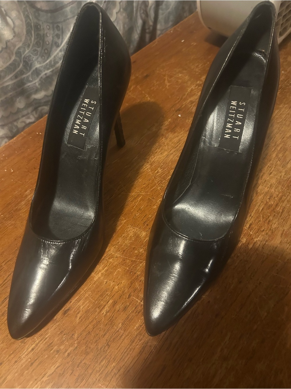 Stuart Weitzman Black Leather Pointed-Toe Stiletto Pumps